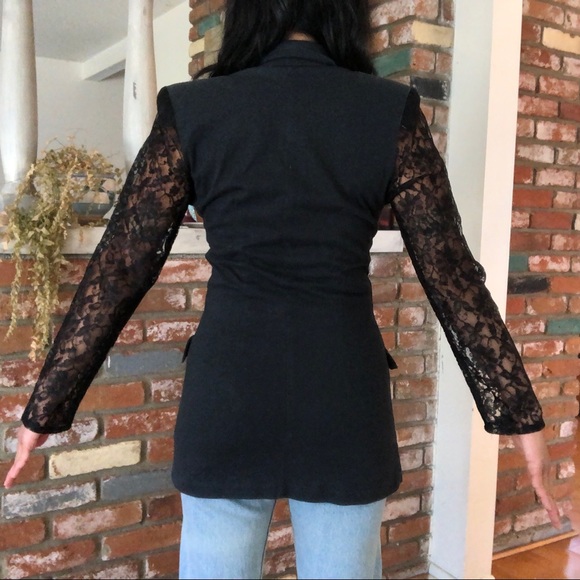 Vintage 1980s Glam Goth Lace Sheer Sleeves Blazer Top by Contempo Casuals - Picture 2 of 5